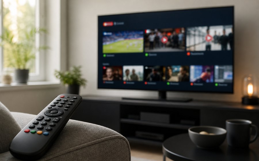 Telecomando davanti a TV con griglia generica di dirette ufficiali