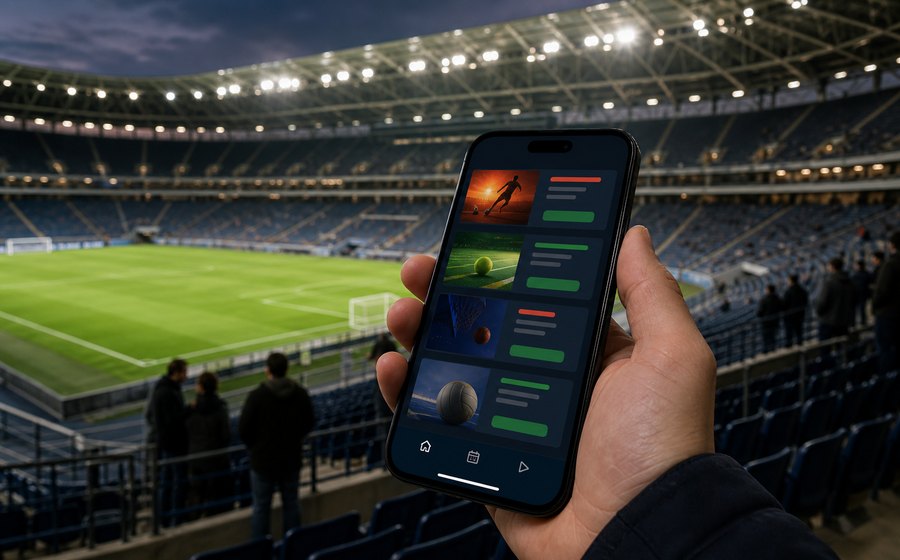 Smartphone con schede evento davanti a uno stadio