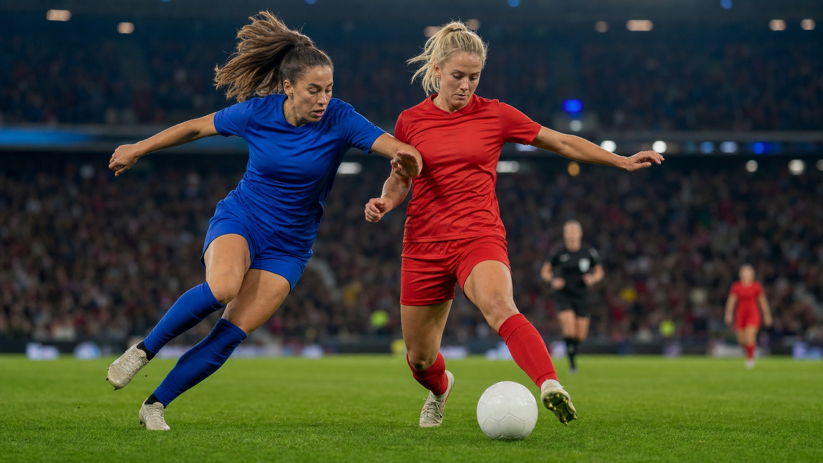 Due calciatrici generiche si contendono il pallone in uno stadio serale