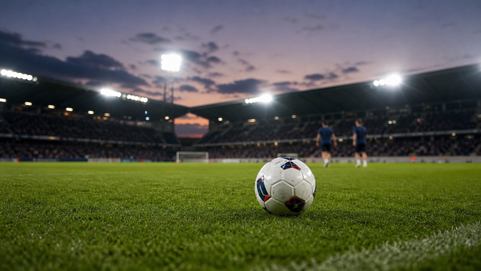 Pallone su un campo da calcio illuminato prima della partita