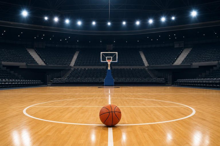 Campo da basket indoor prima di una partita serale