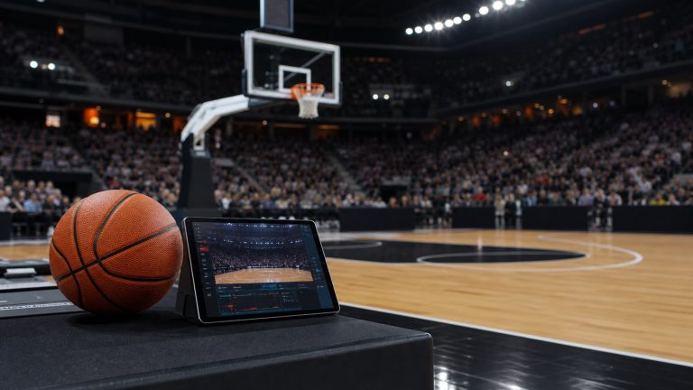 Pallone da basket e tablet in un palazzetto prima di una diretta streaming