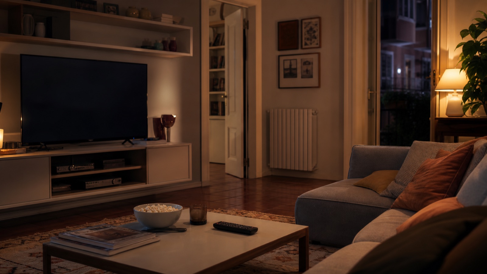 Soggiorno italiano di sera con televisore e telecomando per una fiction in TV