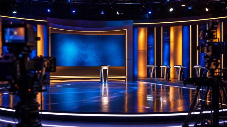 Studio televisivo quiz preparato per una diretta su Rai 1 e RaiPlay
