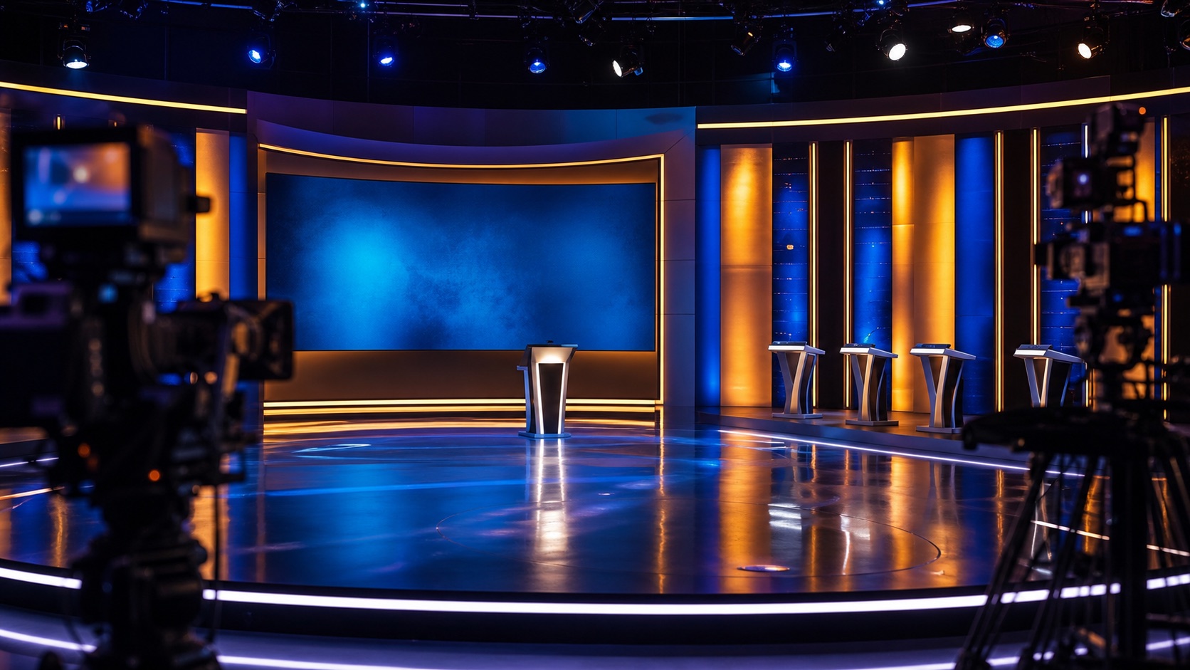 Studio televisivo quiz preparato per una diretta su Rai 1 e RaiPlay