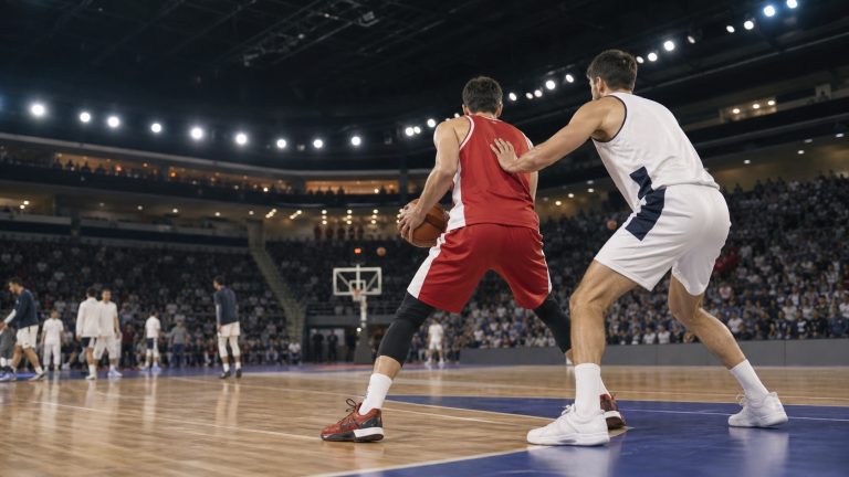 Azione di basket in un palazzetto prima di una finale europea