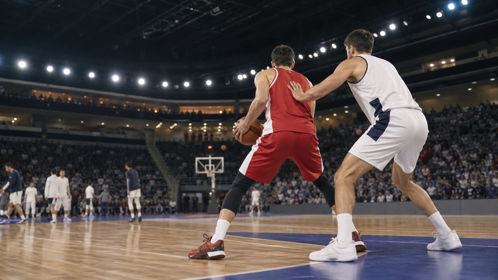 Azione di basket in un palazzetto prima di una finale europea