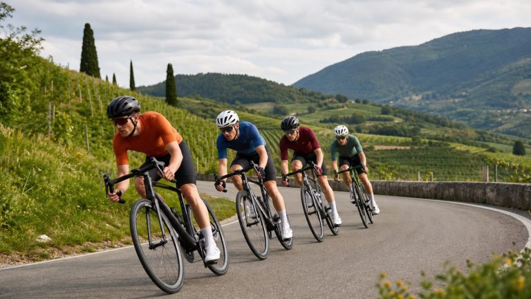 Ciclisti su una strada collinare tra vigneti durante una tappa del Giro