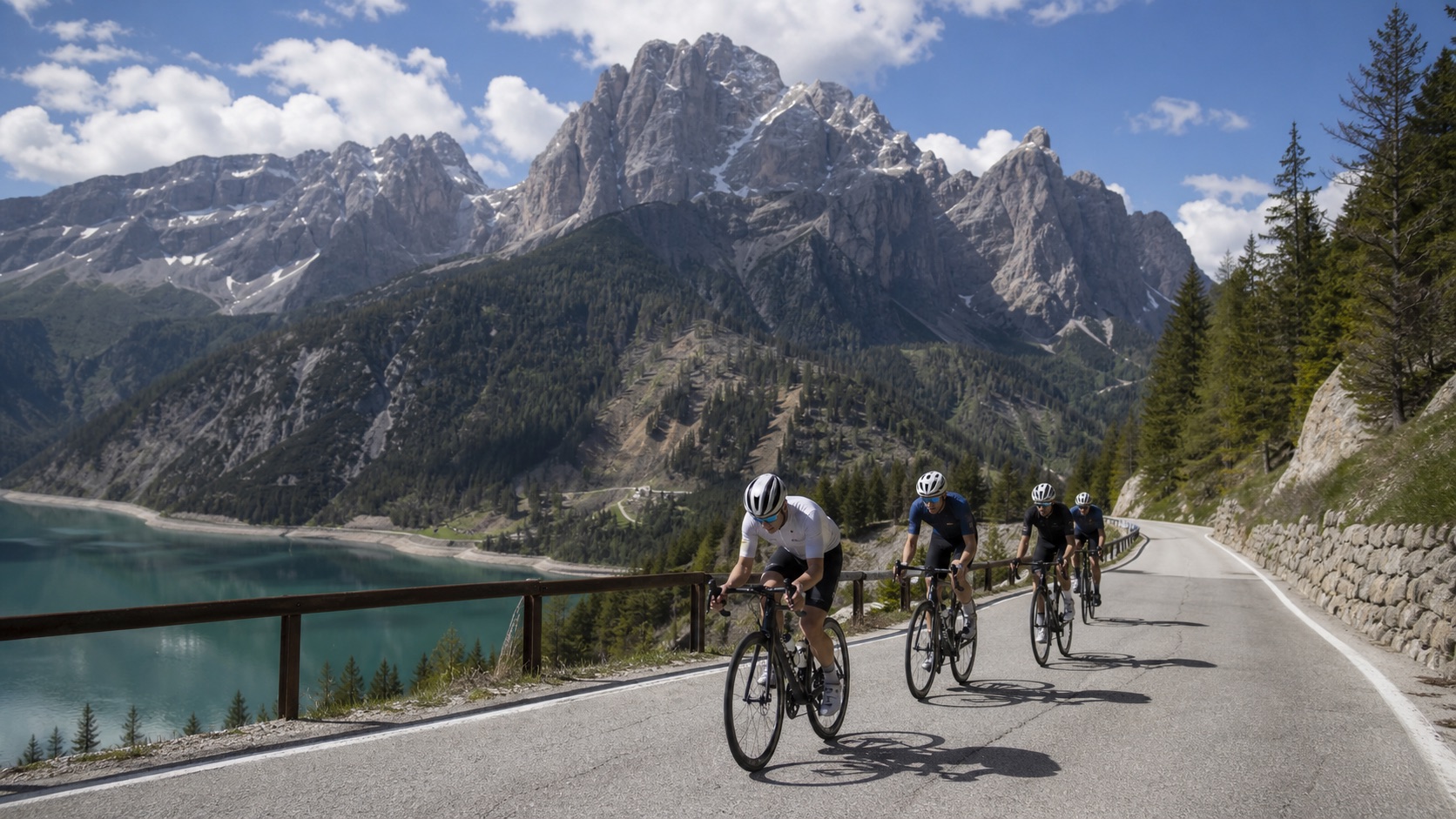 Ciclisti su una strada alpina con lago e Dolomiti sullo sfondo