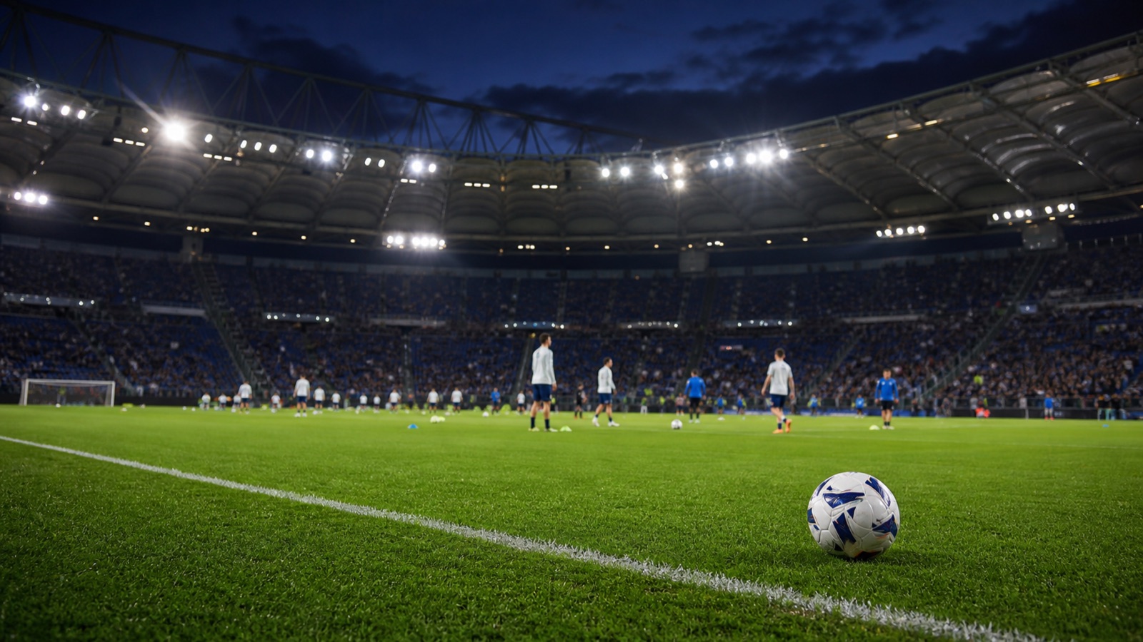 Pallone su un campo da calcio illuminato prima di Lazio-Pisa