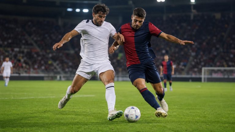 Due calciatori generici si contendono il pallone in uno stadio serale