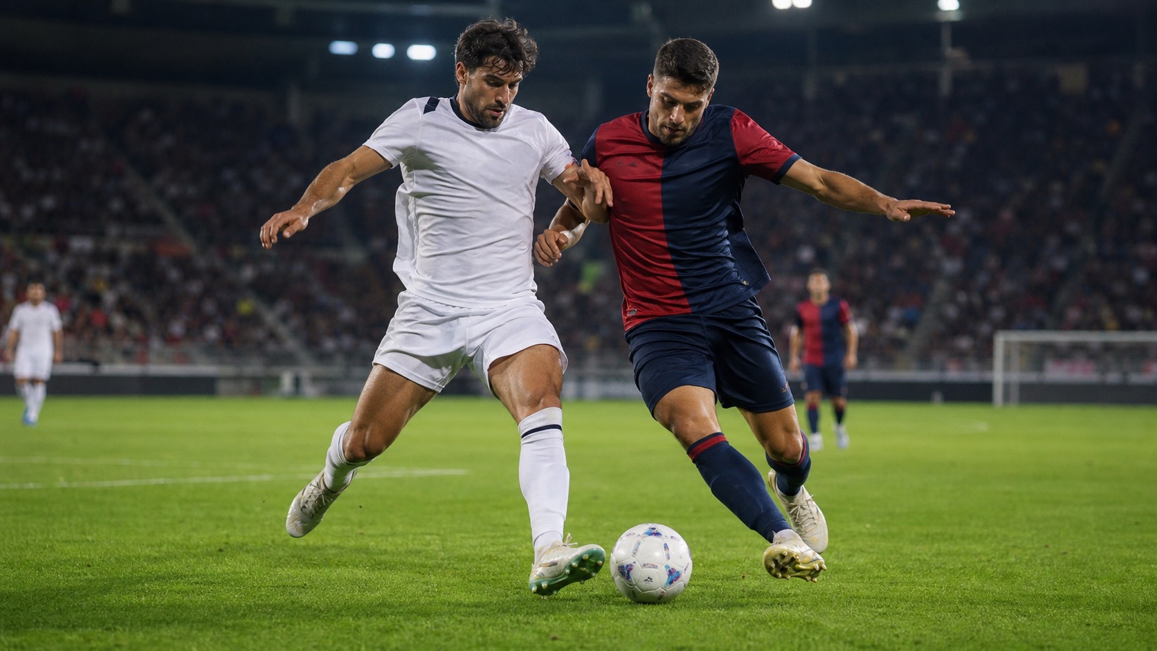 Due calciatori generici si contendono il pallone in uno stadio serale