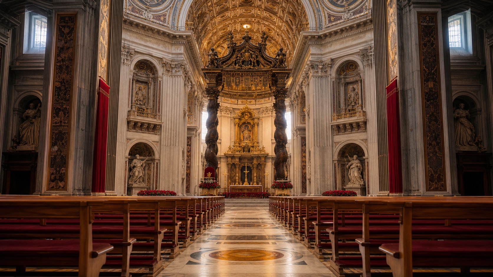 Interno di basilica preparato per una celebrazione solenne