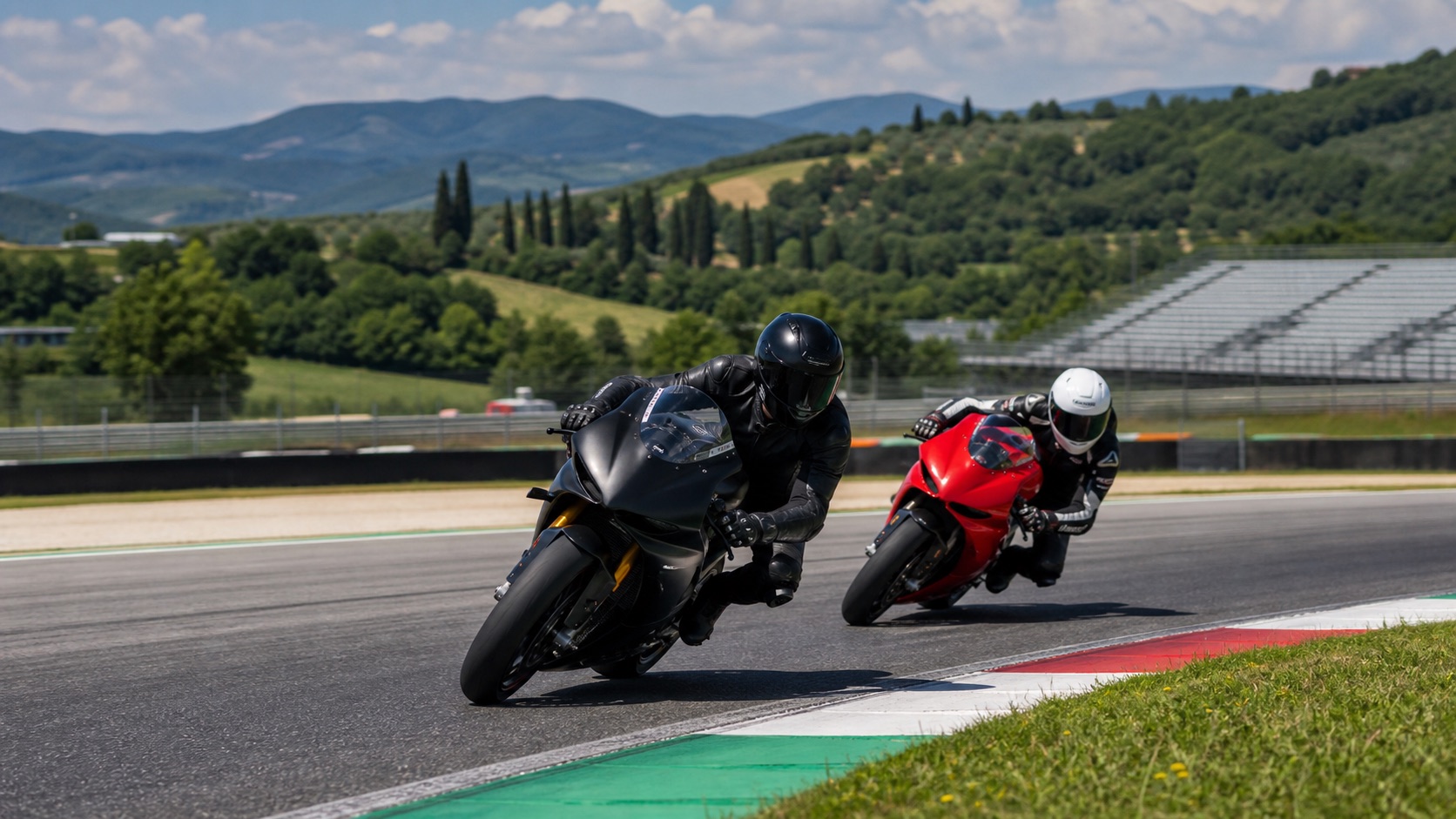 Moto da pista in curva su un circuito collinare