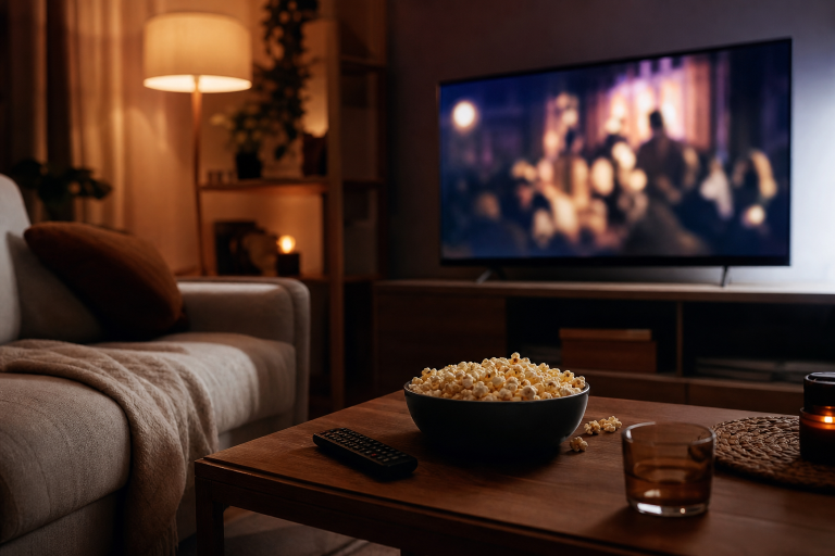 Soggiorno con TV accesa per guardare un film in streaming ufficiale