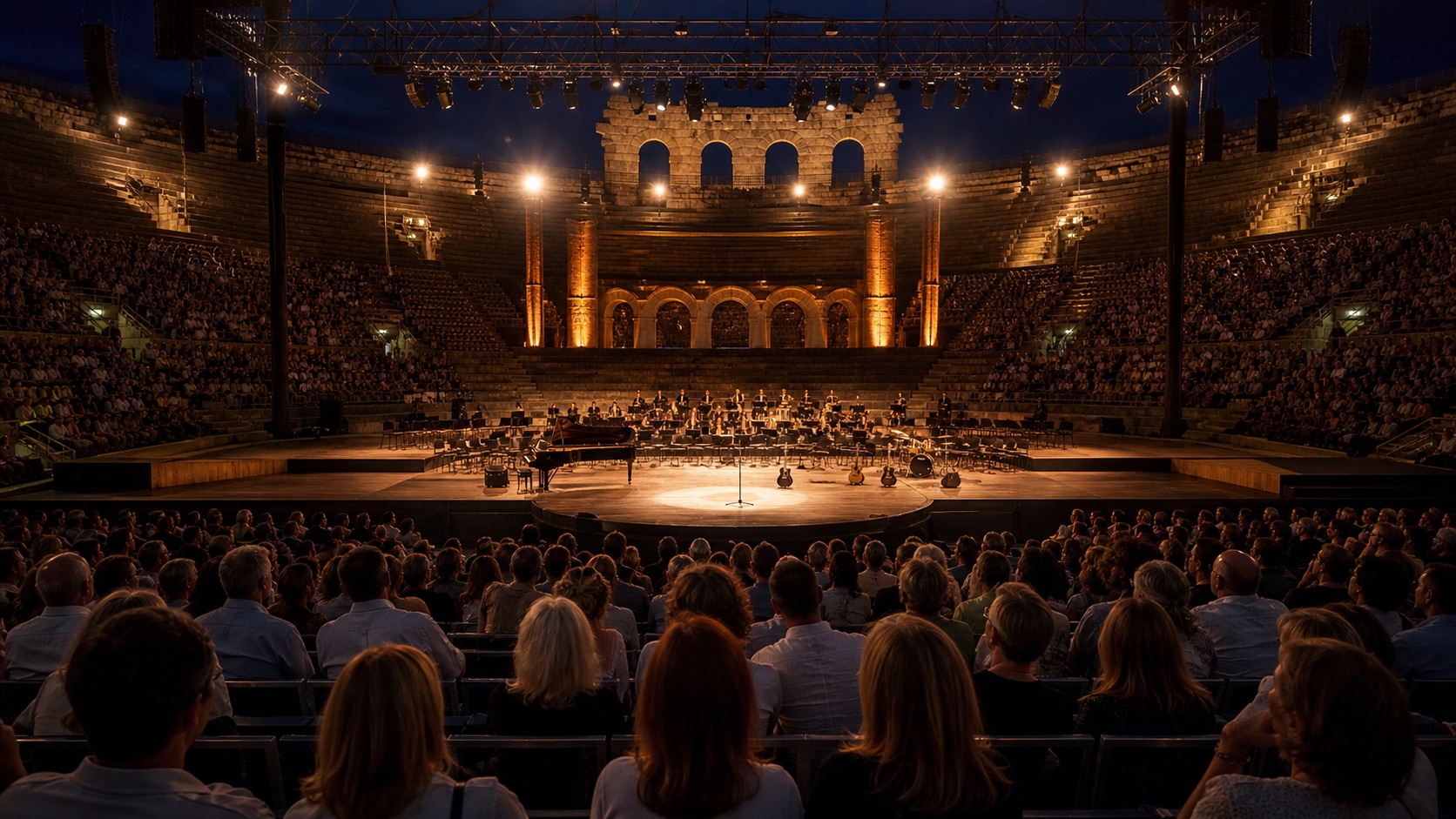 Palco musicale serale in un anfiteatro durante un concerto televisivo