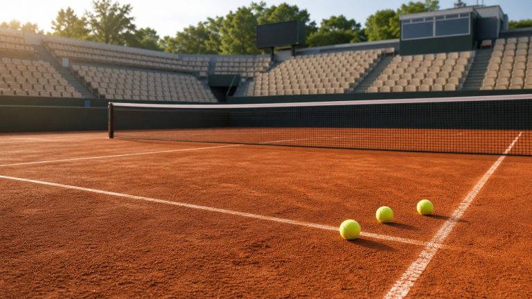 Campo da tennis in terra rossa pronto per una giornata del Roland Garros