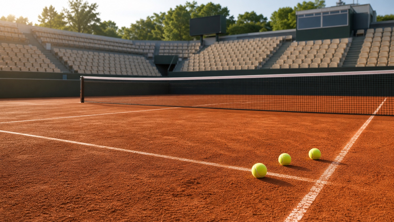 Campo da tennis in terra rossa pronto per una giornata del Roland Garros