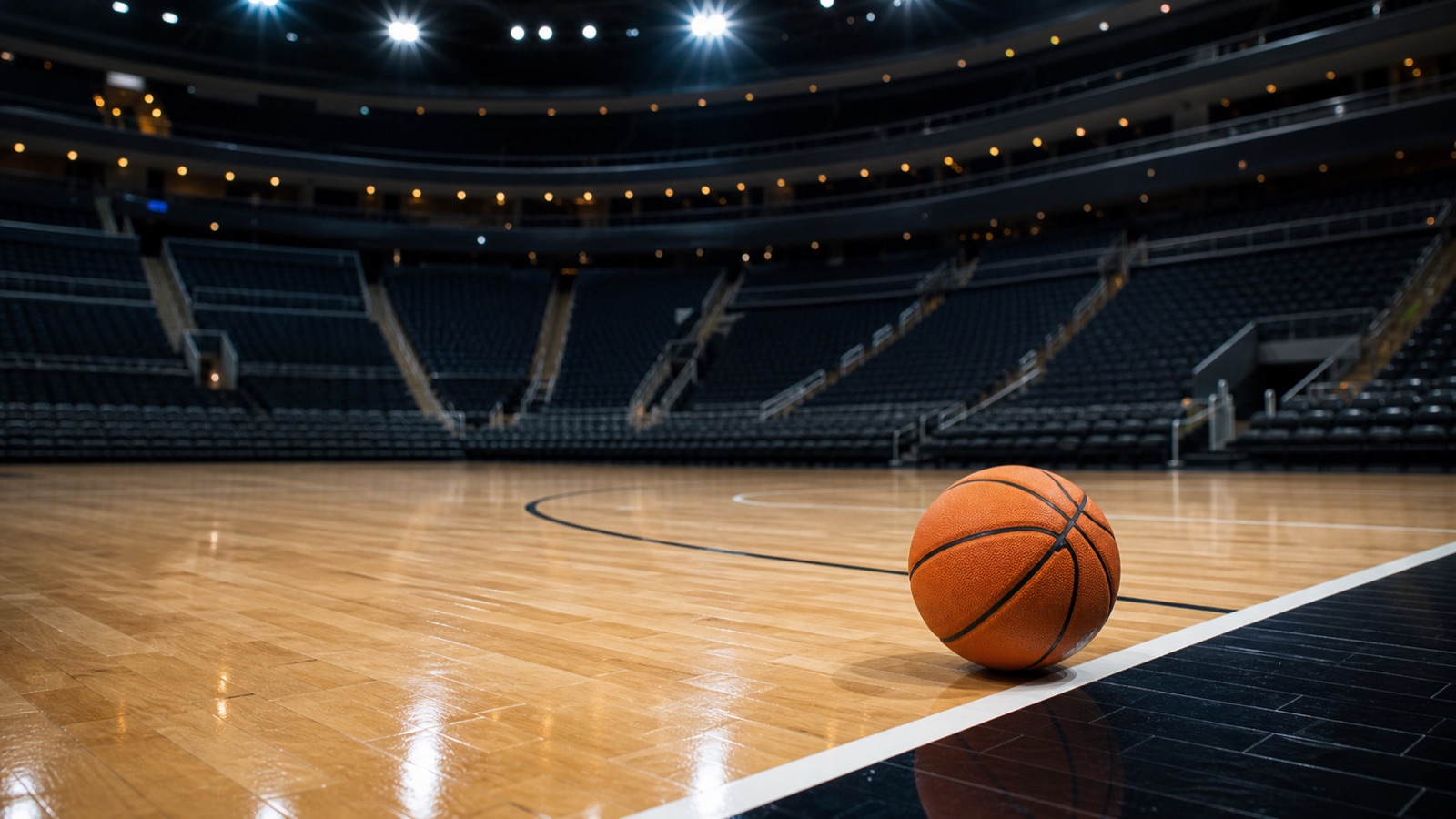 Pallone da basket su parquet prima di una partita NBA