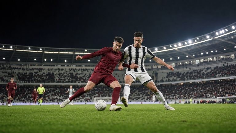 Due calciatori generici si contendono il pallone in uno stadio serale