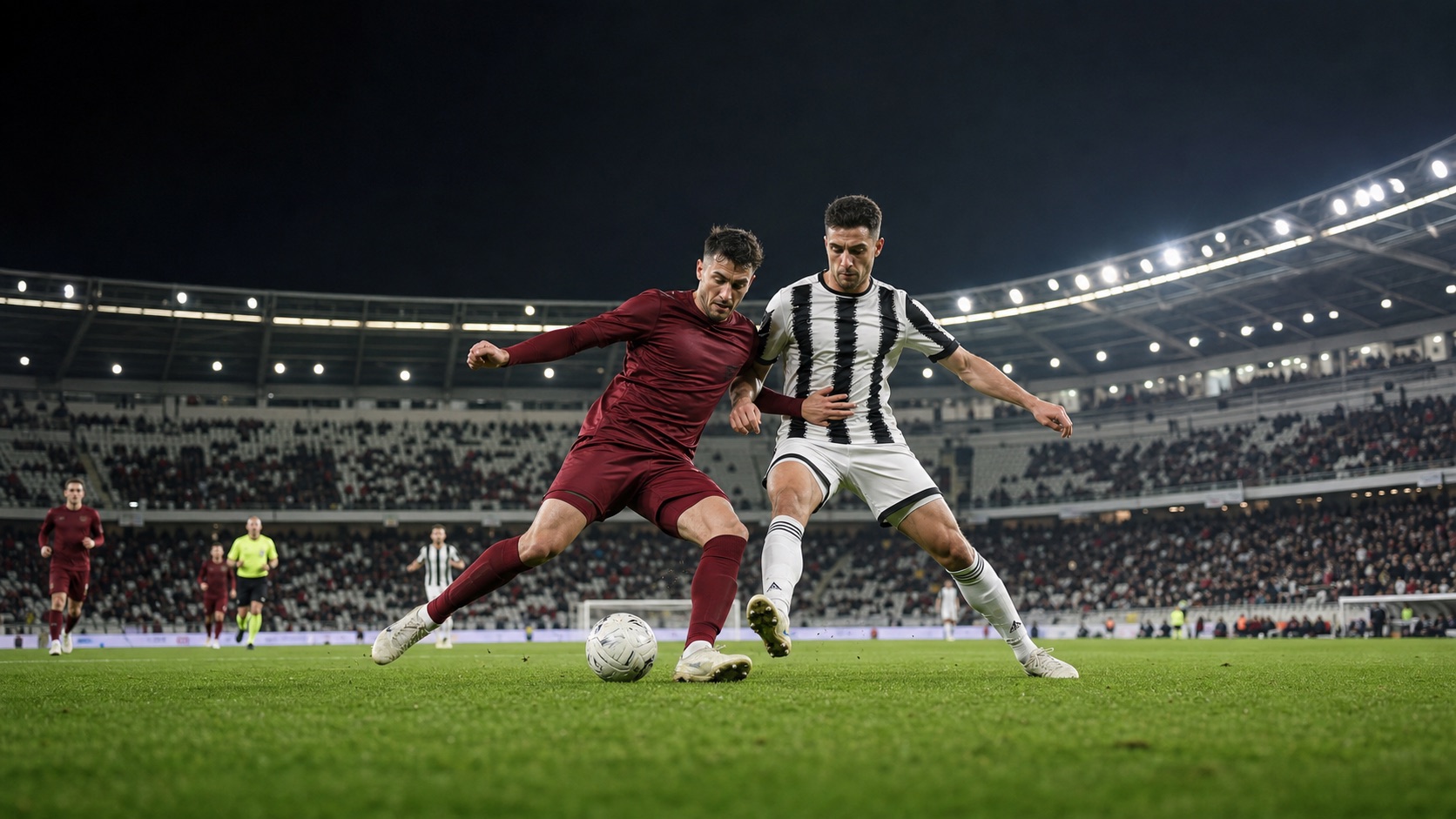 Due calciatori generici si contendono il pallone in uno stadio serale