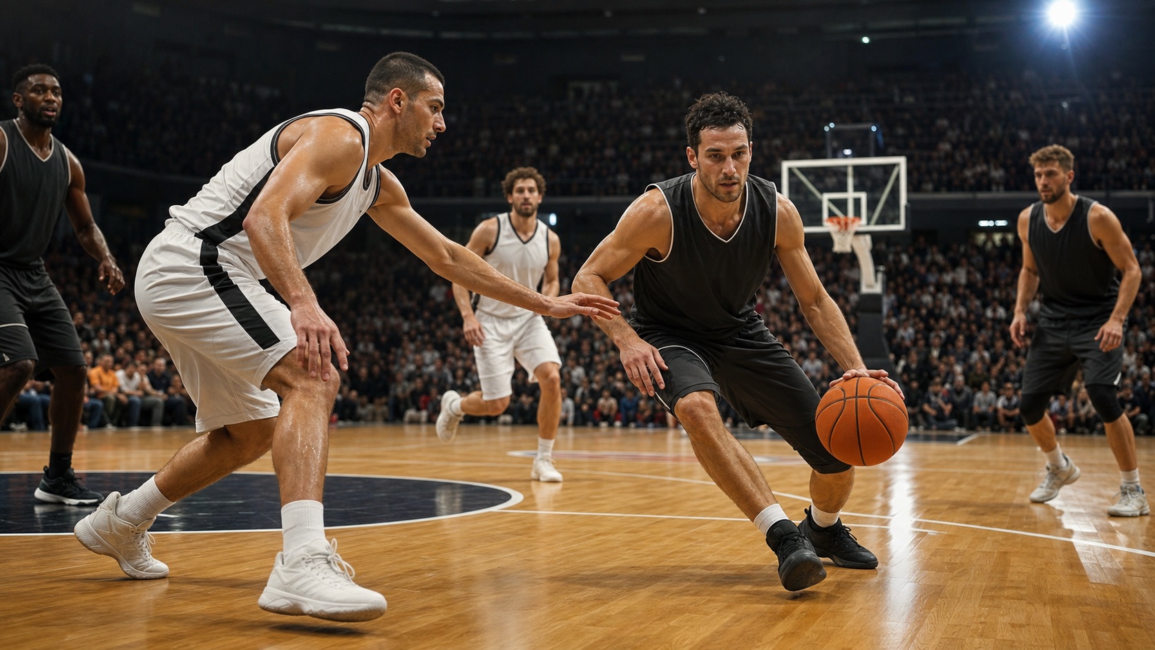 Azione generica di basket in un palazzetto durante una partita playoff