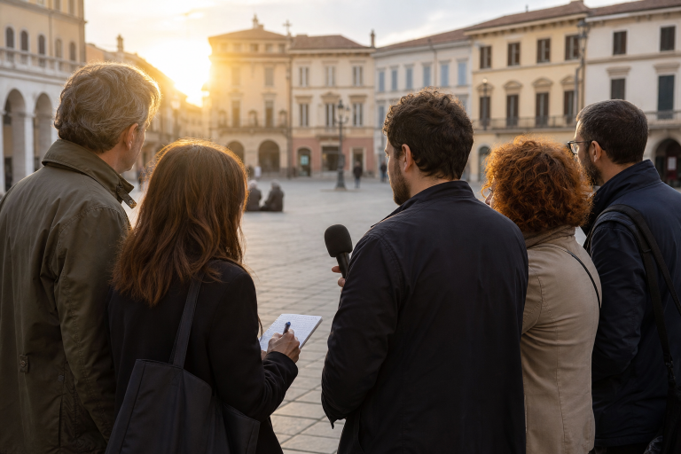 Gruppo di persone in una piazza italiana per un racconto documentaristico