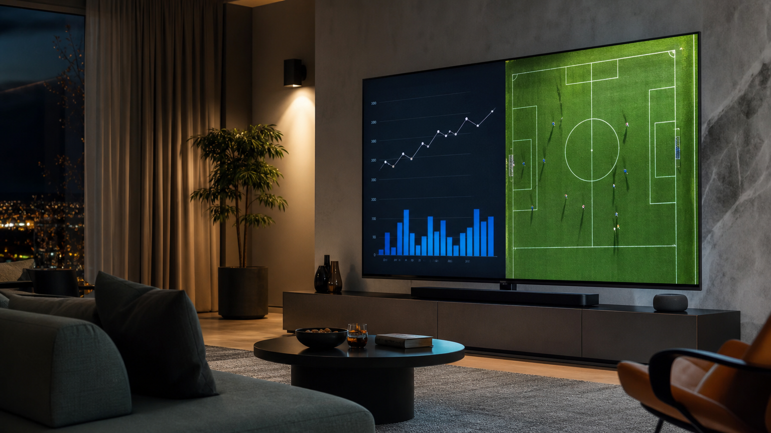 Schermo TV con partita di calcio e grafici degli ascolti