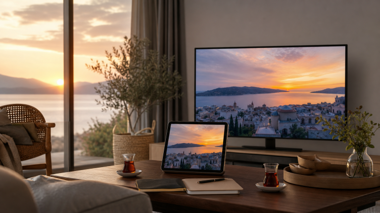 TV e tablet con una scena mediterranea per una serie in streaming