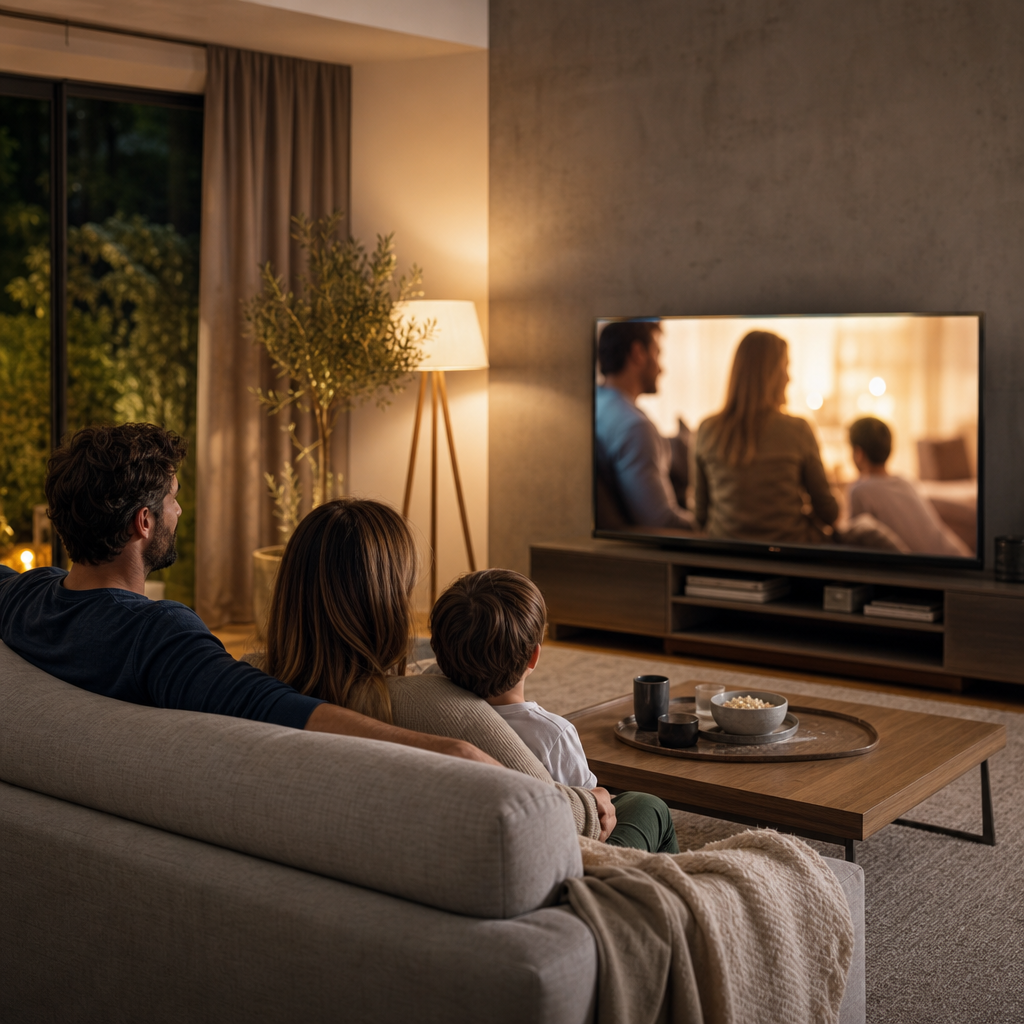 Famiglia che guarda una serie TV in streaming ufficiale