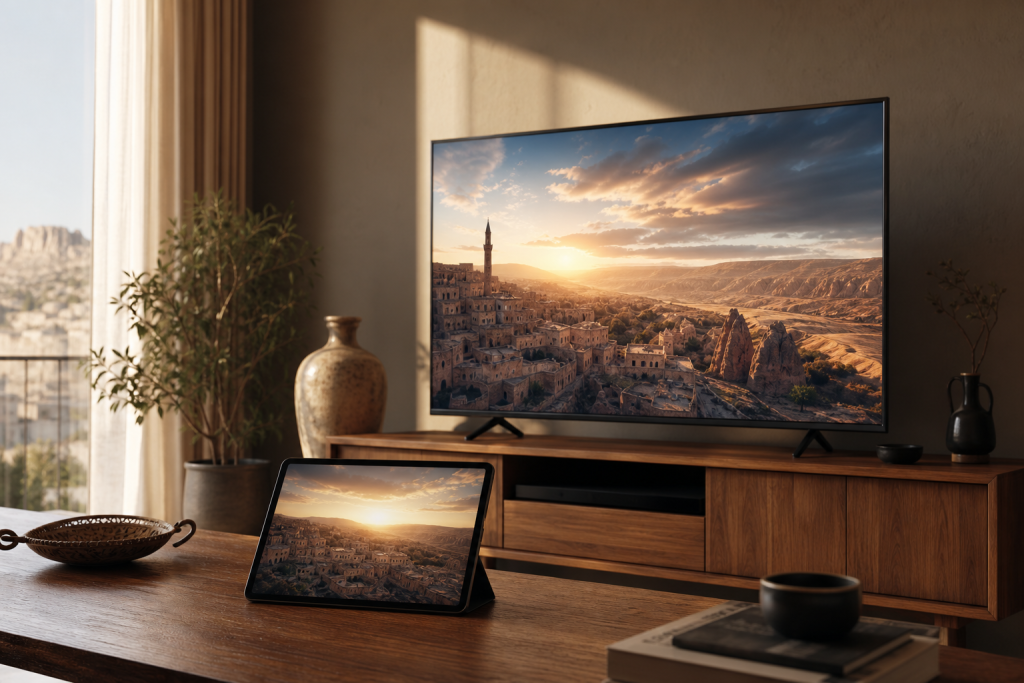 TV e tablet con scena ispirata a una serie turca in streaming ufficiale