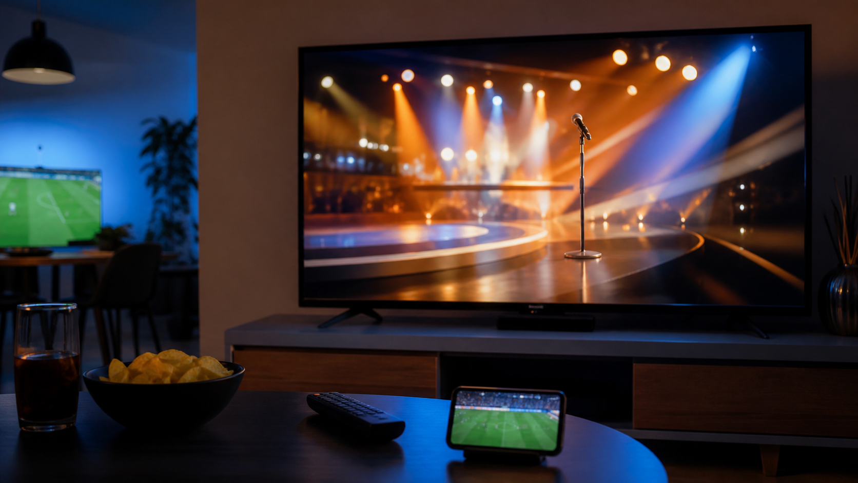 Televisore con palco di varietà e calcio in seconda visione