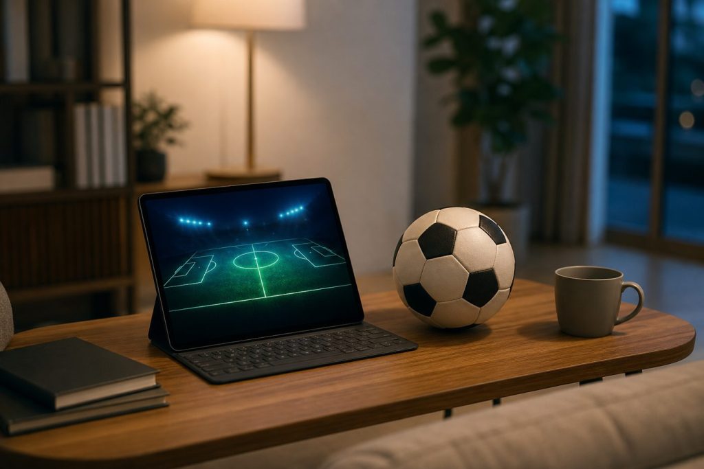 Tablet con campo da calcio e pallone, immagine editoriale sui Mondiali 2026 in streaming