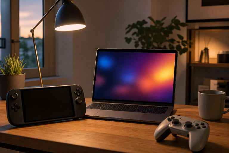 Postazione con laptop e controller per seguire Nintendo Direct in streaming