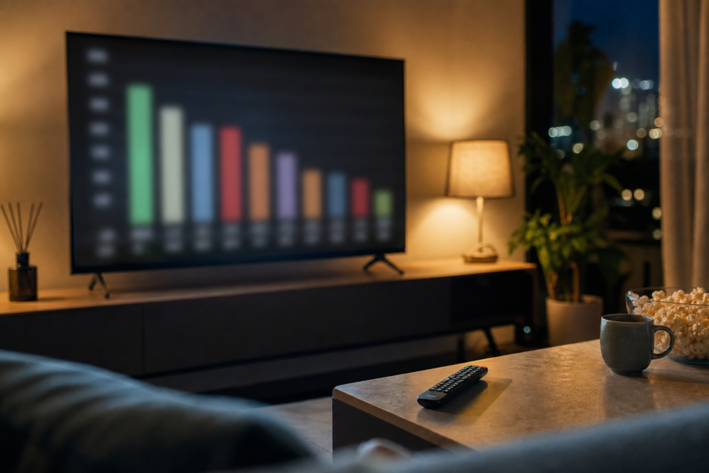 Televisore con grafici di ascolti TV in un salotto serale