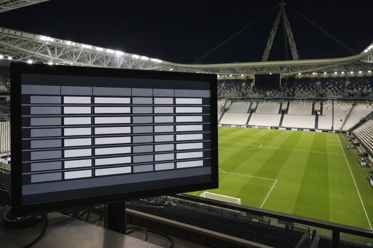 Stadio di calcio con monitor TV per il calendario Nations League dell Italia