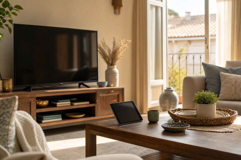Salotto con TV e tablet per seguire una serie in streaming