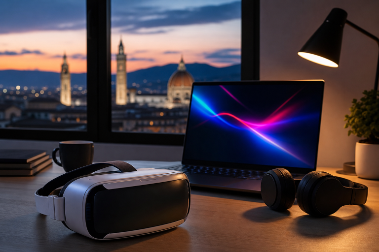 Visore VR generico e laptop per uno showcase online