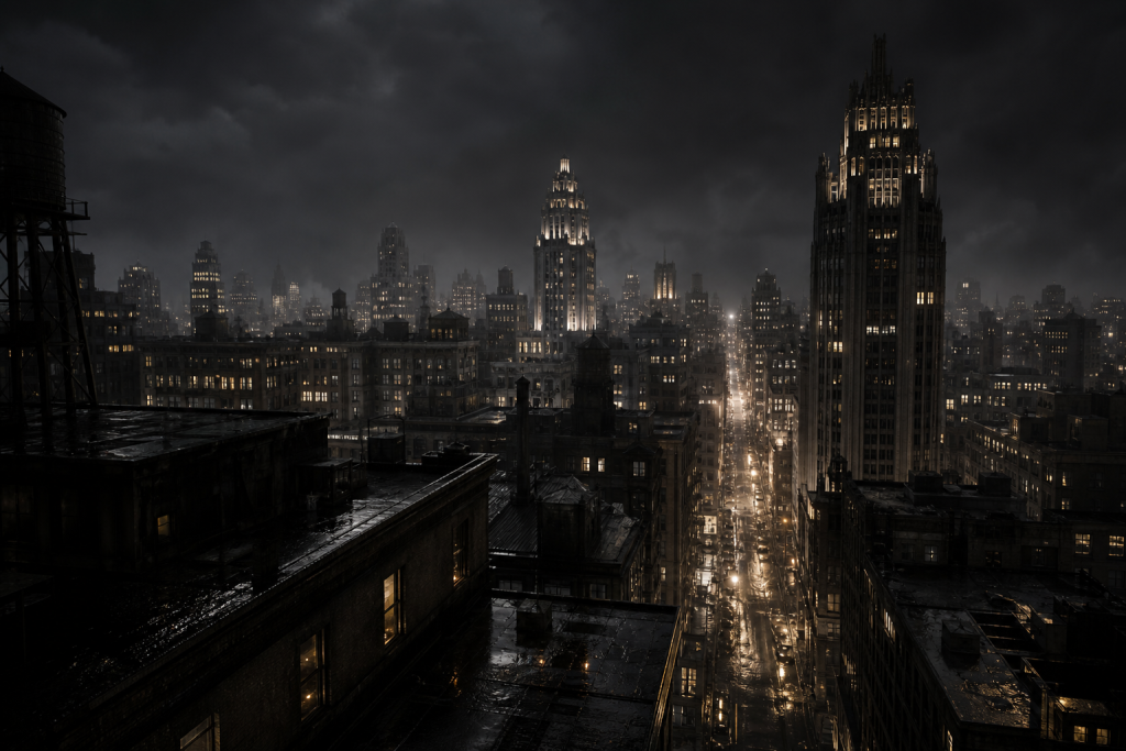 Citta noir notturna per la guida a Batman Caped Crusader
