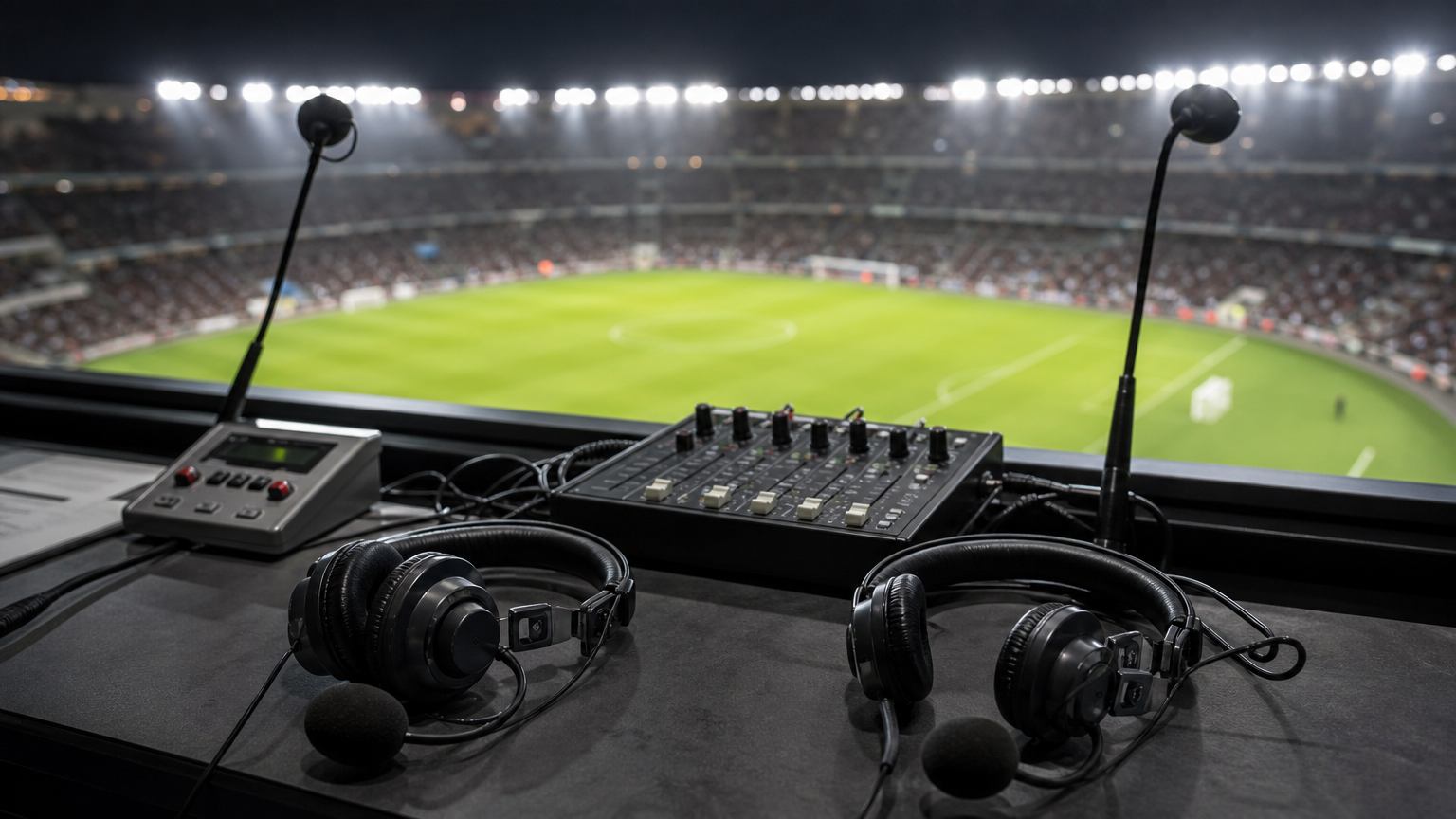 Cuffie e microfoni in una cabina di commento sportivo durante una partita di calcio