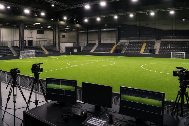 Campo indoor da calcio a 7 preparato per una diretta streaming