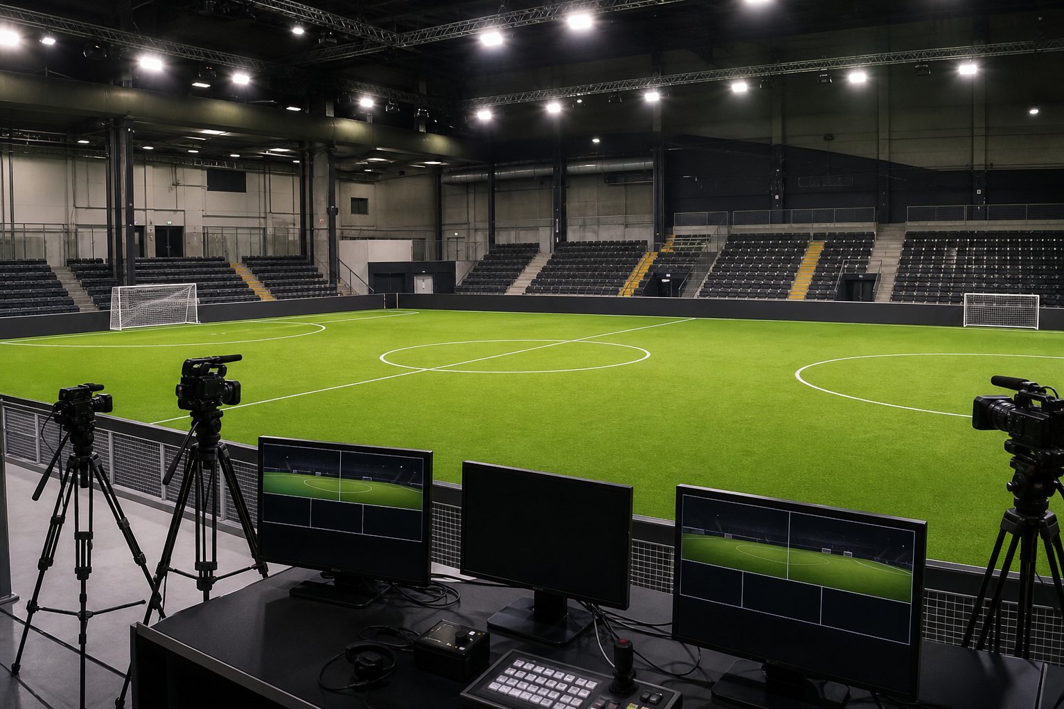 Campo indoor da calcio a 7 preparato per una diretta streaming