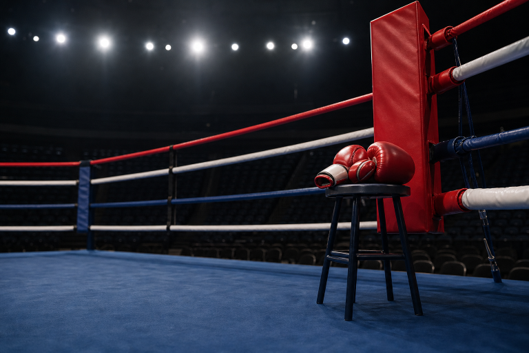 Ring di boxe con guantoni prima di un incontro in streaming su DAZN