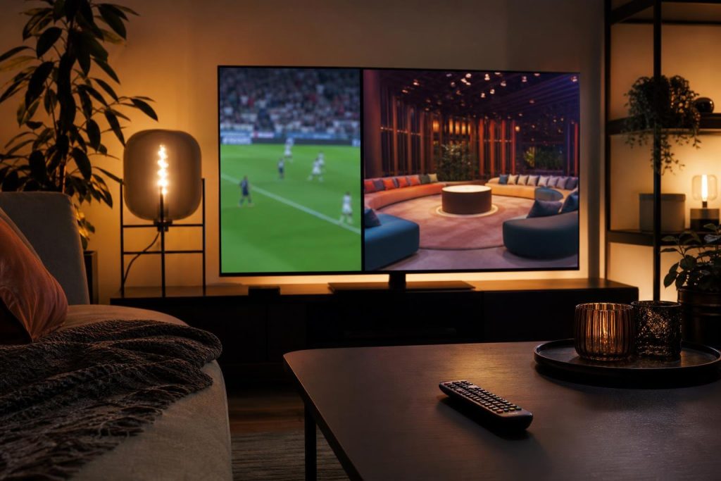 Televisore con scelta tra partita di calcio e reality show