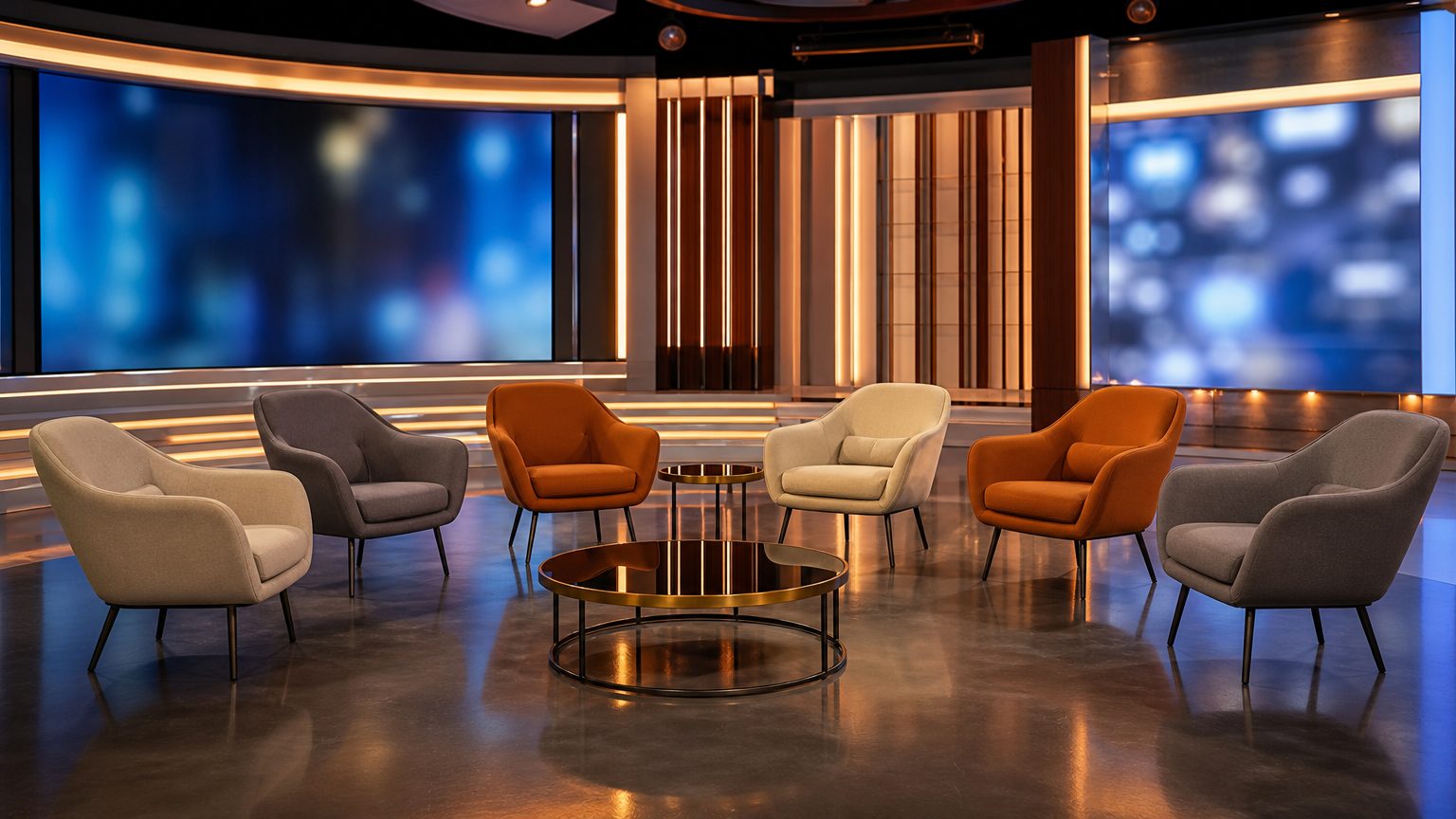 Studio televisivo serale senza pubblico per una notizia su palinsesto e streaming
