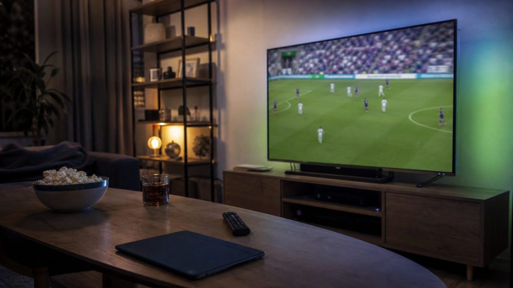 Calcio in streaming su TV con tablet e telecomando