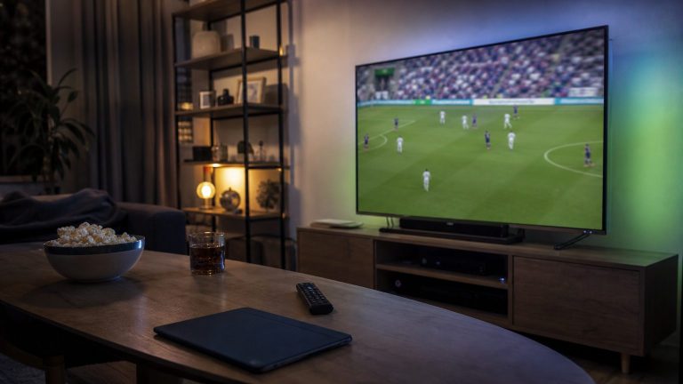 Calcio in streaming su TV con tablet e telecomando
