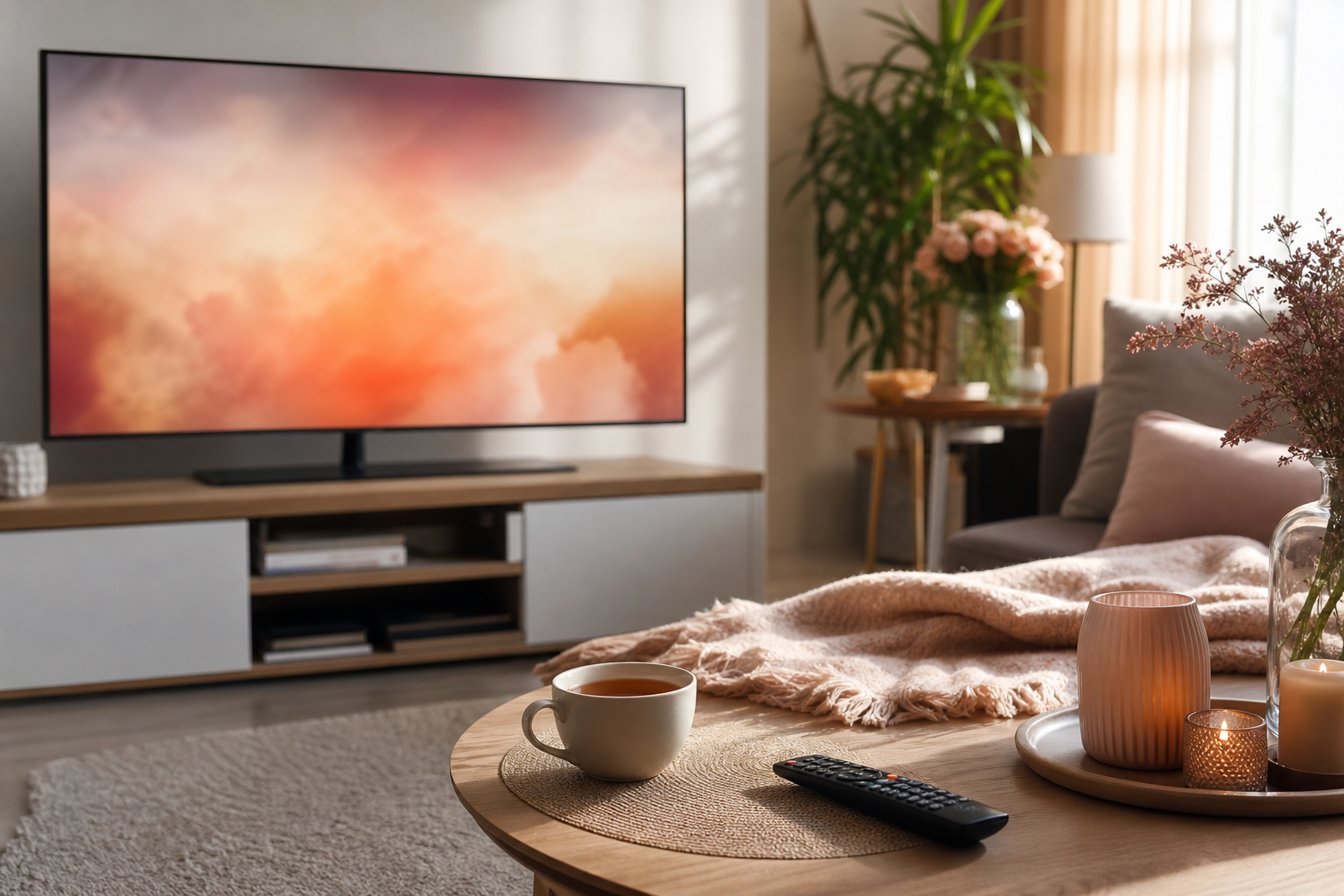 Salotto con televisione per la guida a My Sweet Lie su Canale 5 e Mediaset Infinity