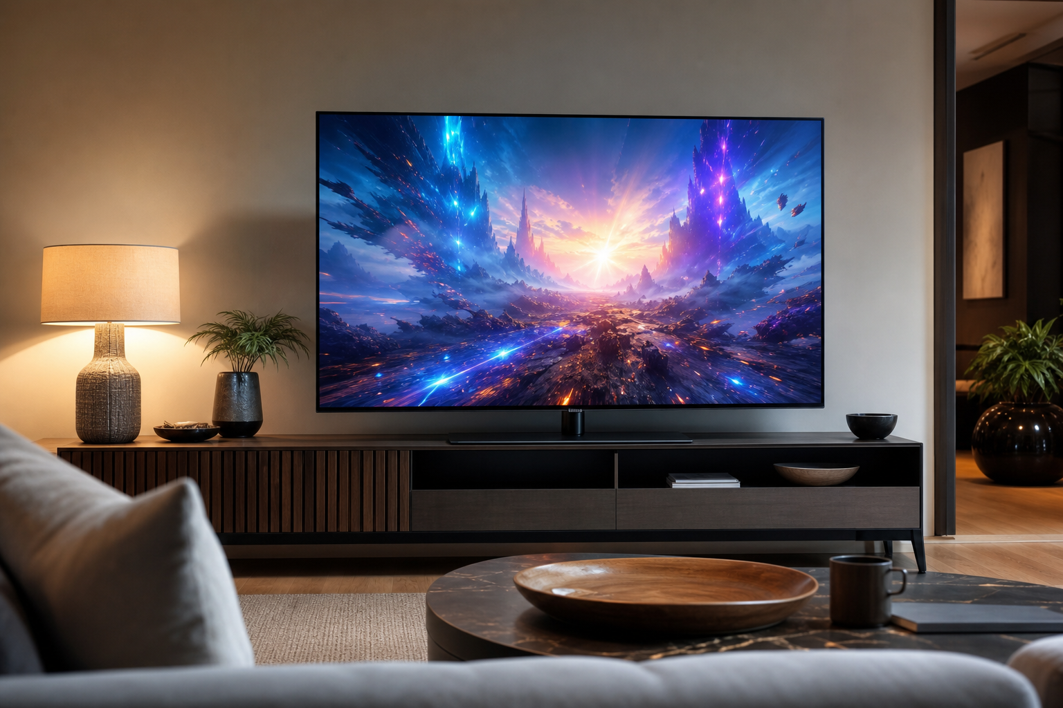 Televisore con scena animata astratta per Dragon Ball Daima su Italia 2 e Mediaset Infinity