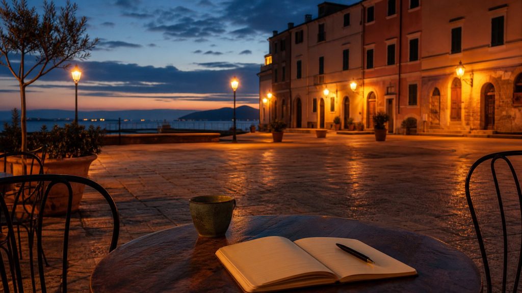 Tavolino con taccuino in una piazza sul mare per Erica - Una detective per caso